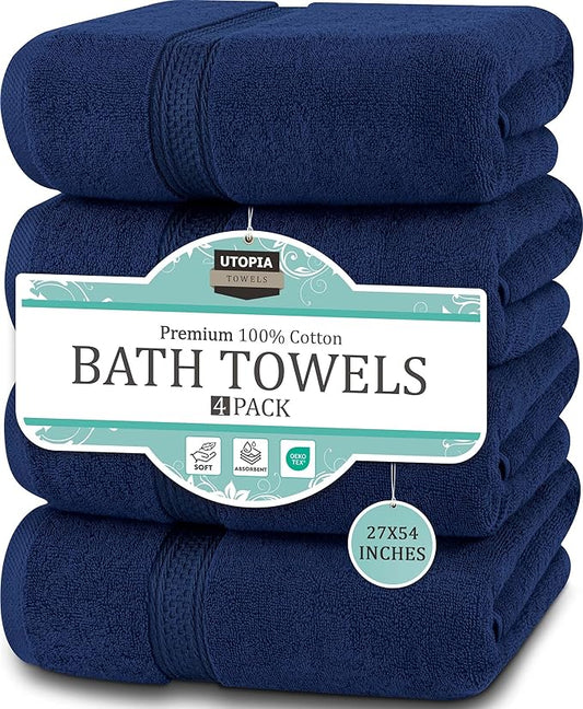 Utopia Towels 4 Pack Premium Bath Towels Set, 27 by 54 Inches, 100% Ring Spun Cotton 600GSM, Lightweight and Highly Absorbent Quick Drying Towels, Perfect for Daily Use, Navy