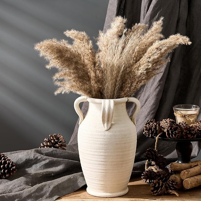 Handmade Ceramic Vase with 4 Handles, 10.83" Tall Farmhouse Rustic Vase, Decorative Pottery Flower Vases for Home Decor, Wedding, Living Room, Table, Shelf Decor, White