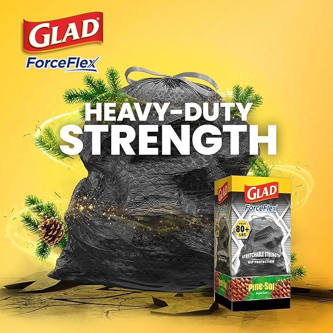 Glad Large 30 Gallon Trash Bags, Pine-Sol Heavy Duty Garbage Bags, Forceflex with Drawstring, 50 Count (Packaging May Vary)
