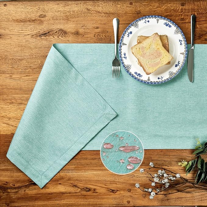 Mebakuk Linen Farmhouse Table Runner Large Burlap Style Soft and Waterproof Decorative Fabric Runner for Outdoor Wedding and Dinner (14 x 90 Inch, Turquoise Blue)