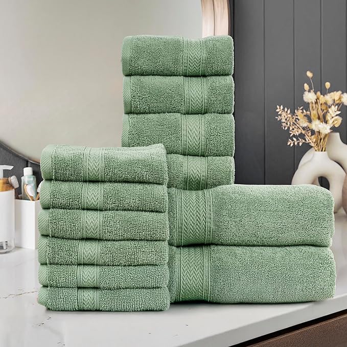 HILLFAIR 12-Piece Cotton Bath Towel Set - 600 GSM - Hotel Spa Towels - 2 Bath, 4 Hand, 6 Washcloths - Absorbent Soft Cotton - Sage