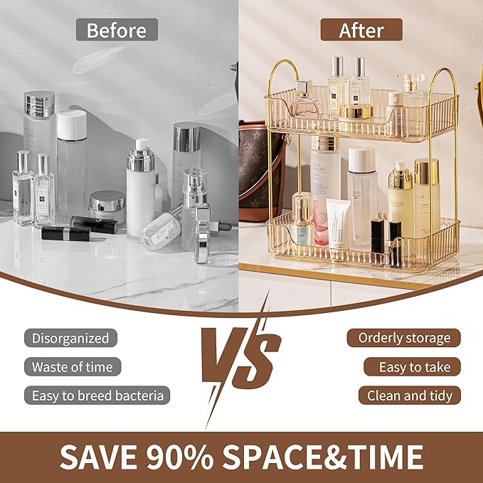 2 Tier Bathroom Organizer Countertop Makeup Perfume Tray Skincare Organizer for Bathroom Dresser Vanity (Gold)