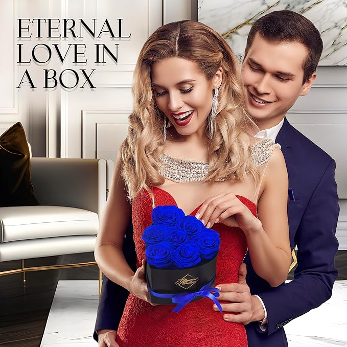 GLAMOUR BOUTIQUE 7 Flower Forever Heart Shape Box - Preserved Roses Gift for Her, Preserved Flowers, Blue