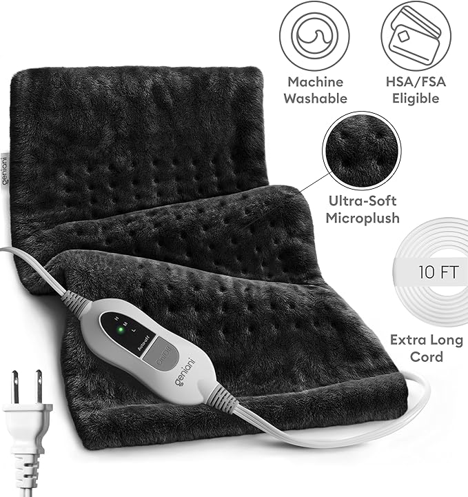 GENIANI Electric Throw - XL Electric Heating Pad for Back Pain & Cramps Relief, Birthday for Women Men Auto Shut Off, Machine Washable, Heat Pad for Neck & Shoulder (12'‘×24" Black)