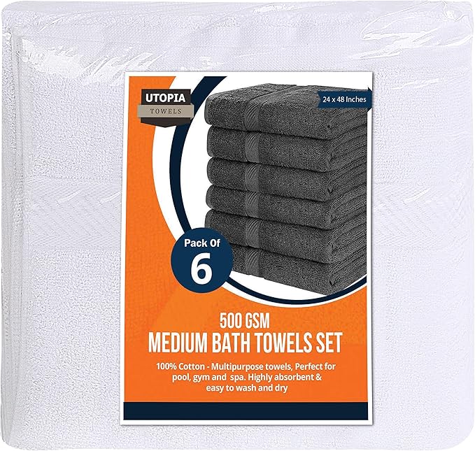 Utopia Towels 18 Pack Bath Towel Set (24 x 48 Inches), 500 GSM 100% Ring Spun Cotton Medium Lightweight and Highly Absorbent Quick Drying, Premium Towels for Hotel, Spa and Bathroom (White)