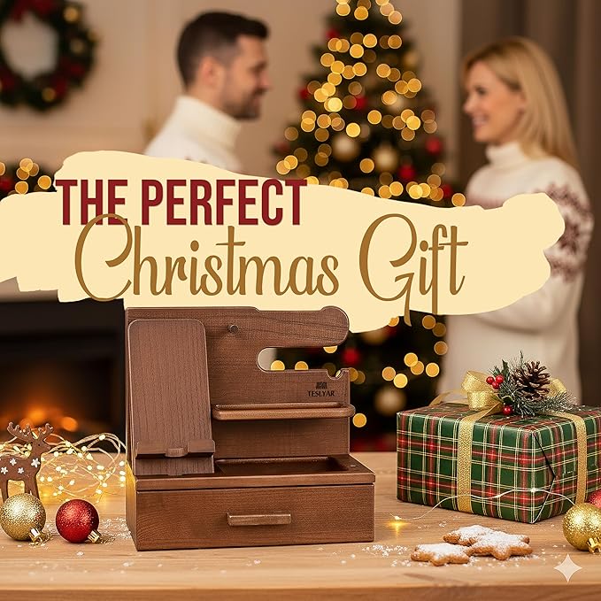 TESLYAR Wood Phone Docking Station with Drawer - Nightstand Organizer - Desk Organizer for Husband - Birthday Gifts for Men, Dad, Anniversary Idea, Key Holder Stand Watch & Accessories (Antique Brown)