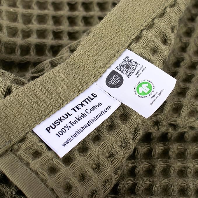 PÜSKÜL Premium Waffle Bath Towels Set of 2 - Organic 100% Turkish Cotton Bath Towel - Quick Dry, Absorbent, Light, Thin, 32x63 Large Waffle Towels for Bathroom (Khaki Green Bath Towels - Pack of 2)