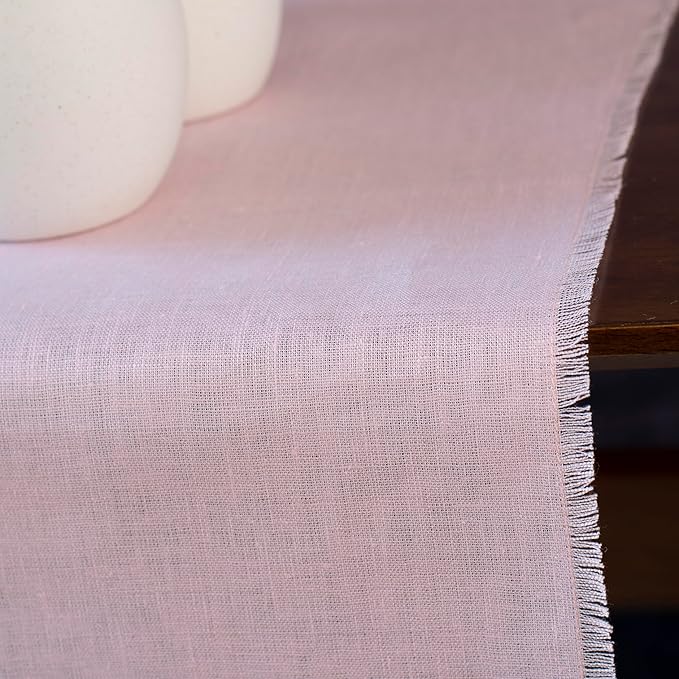 Pink Linen Table Runner with Fringe- 14x90 inches Long, 100% Pure Linen Runner for Table, Table Runner for Valentines Day, Spring and Summer –Thin but Luxury, Handmade