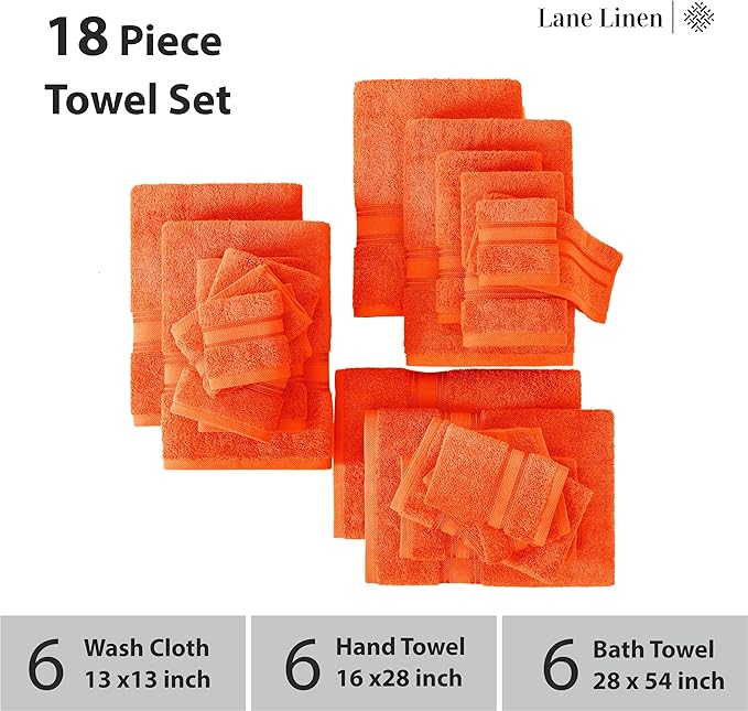 LANE LINEN Luxury Bath Towel Set of 18 – 100% Ring-Spun Cotton, 6 Bath Towels, 6 Hand Towel & 6 Washcloths, Zero Twist, Remains Soft & Absorbent Even After Multiple Washes, Quick Dry - Tiger Lily