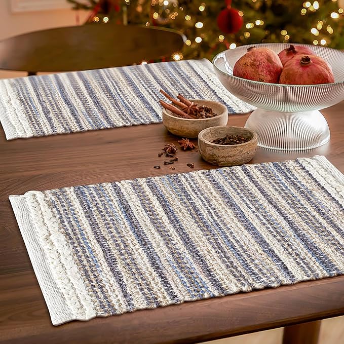 Hausattire Woven Placemats Set of 4 - Blue, Jute Boho Rectangle Table Mats for Kitchen Dining Coffee Table | Heat Resistant Farmhouse Thanksgiving Placemat for Wedding, Restaurants |13x19 Inches