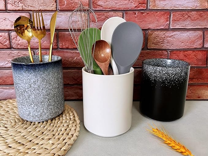 Medium Stoneware Kitchen Utensil Holder for Kitchen Counter Short Cooking Utensil Holder for Countertop Spatula Holder Small Utensil Crock Cutlery Holder Silverware Caddy Flower Vase (White)