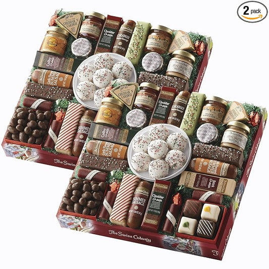 2 Red Gift Boxes - The Swiss Colony 27 Favorites Food Gift Set, Summer Sausage Meats and Cheeses, Assorted Chocolates, Candies, Petits Fours, Cheese & Charcuterie Board Gifts Basket, Holiday Christmas