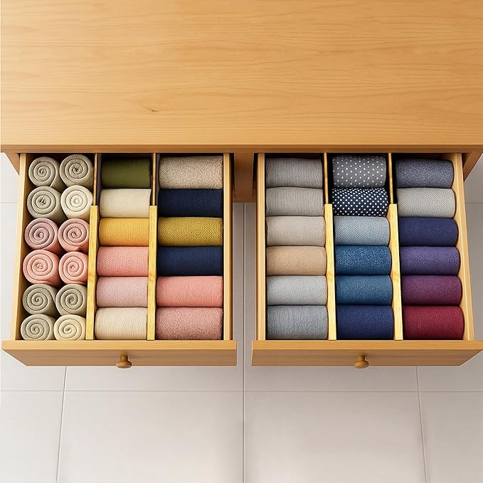 Adjustable Bamboo Drawer Dividers 6 Pack, Expandable Drawer Organizer for Kitchen, Bedroom, Bathroom and Dresser, Each Divider Expands from 12" to 17.5" Height 4.5 – Free Mat Included in Package.