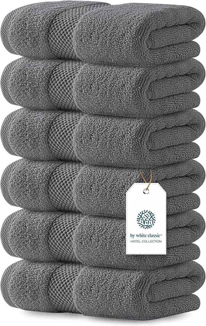 White Classic Luxury Dark Gray Hand Towels - Soft 100% Turkish Cotton | Highly Absorbent Hotel spa Bathroom Towel Collection | 16x30 Inch | Set of 6