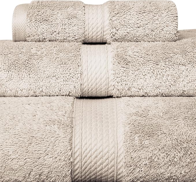 BLUENILEMILLS Buckingham Egyptian Cotton 3-Piece Towel Set, Washcloths, Hand Towels, Bath Towels, Stone
