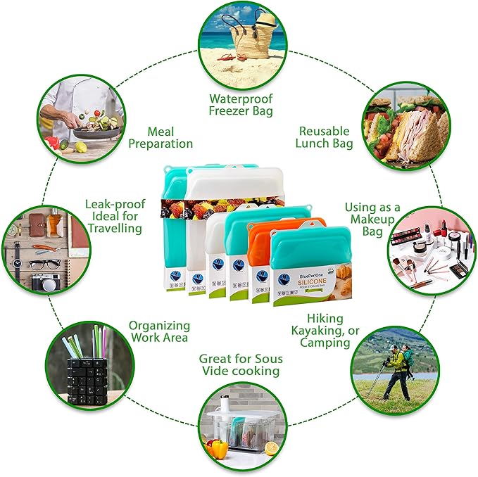 100% Silicone Bags Reusable Storage - Freezer Bags - 6 Reusable Silicone Bags For Food Storage with Two of each (1/2 Gal, Large and Medium) and Complementary Cotton Mesh Bags