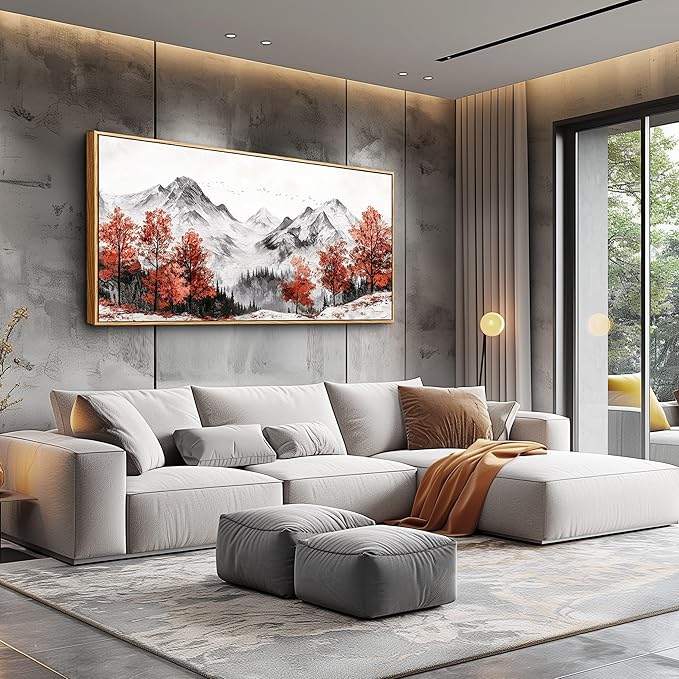 PHAOHUAXM Large Canvas Wall Decor For Living Room Wall Art For Bedroom Office Murals Red Tree Ink-Wash Mountain Landscape Wall Pictures Restaurant Room Modern Home Decoration Wood Framed 24"X48"
