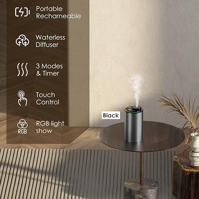 Waterless Essential Oil Diffuser, Portable Aromatherapy Diffuser,3 Countdown Timers & 3 Mist Levels for Home, Room, Car, Office (Grey)
