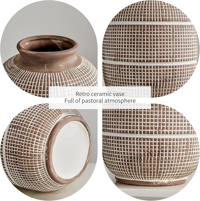 AWNR Terracotta Vase Farmhouse Decor: Rustic Ceramic Decorative Vase for Flowers Vintage Stoneware Flower Vase for Home Decor Living Room Dining Table Centerpieces Decortion