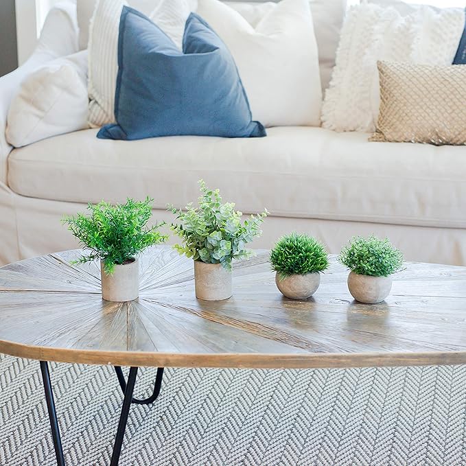 Artificial Plants for Home Decor Indoor. 4 Mini Plants, Rosemary Faux Plant Decor, Eucalyptus Plant, Grass Plants. Small Fake Shelf or Desk Greenery Décor