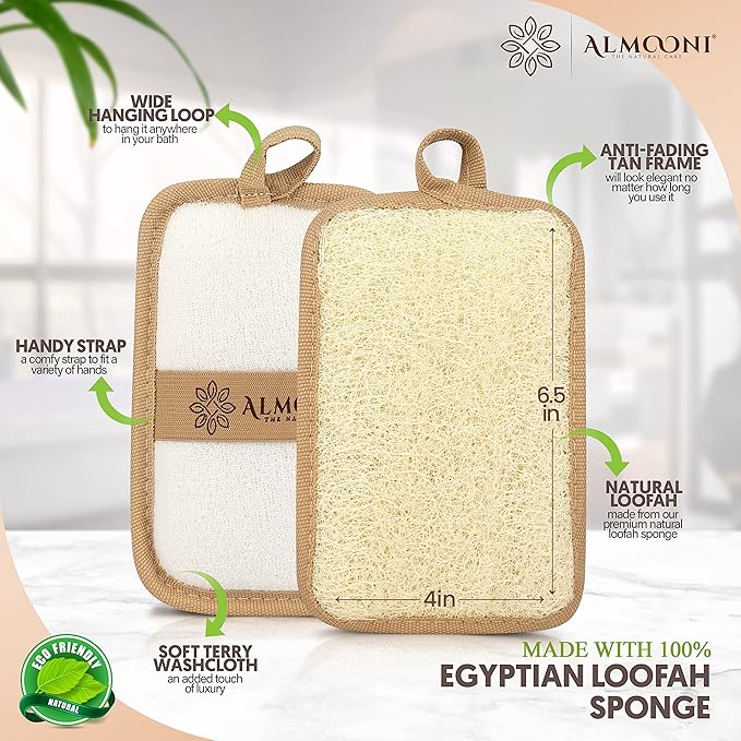 Almooni Premium Egyptian Exfoliating Loofah Pad Body Scrubber - Rectangular loofa Shape - Made with Natural Egyptian Shower lufa Sponge That Gets You Clean, Not Just Spreading Soap (2 Pack)