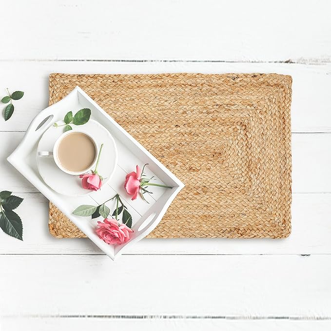 Hausattire Jute Braided Placemats 13x19 Inches Set of 4 Reversible Handwoven Boho Vintage Placemats for Kitchen Dining Tables|BBQ's Thanksgiving Decor Weddings Indoor & Outdoor Parties|Natural