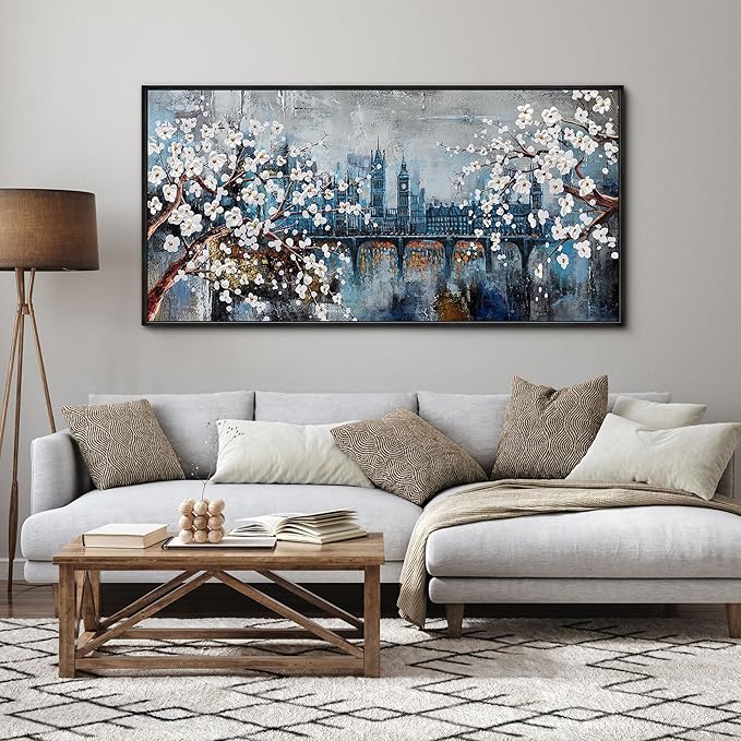 KLAKLA Large Wall Art for Living Room City Scenes - Black Frame Large Abstract Wall Decor Bedroom Office Landscape Plum Blossom Picture Artwork for wall Modern Home Decoration