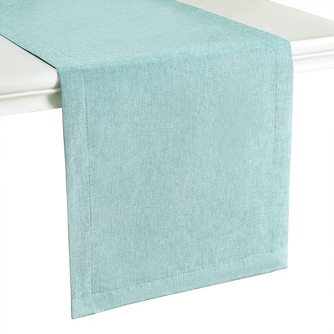 Mebakuk Linen Farmhouse Table Runner Large Burlap Style Soft and Waterproof Decorative Fabric Runner for Outdoor Wedding and Dinner (14 x 144 Inch, Turquoise Blue)