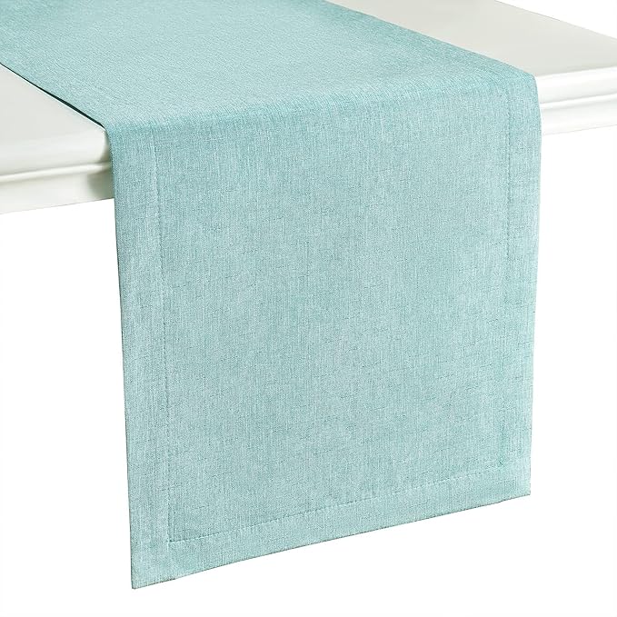 Mebakuk Linen Farmhouse Table Runner Large Burlap Style Soft and Waterproof Decorative Fabric Runner for Outdoor Wedding and Dinner (14 x 120 Inch, Turquoise Blue)