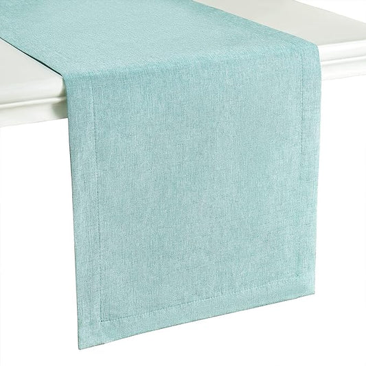 Mebakuk Linen Farmhouse Table Runner Large Burlap Style Soft and Waterproof Decorative Fabric Runner for Outdoor Wedding and Dinner (14 x 132 Inch, Turquoise Blue)