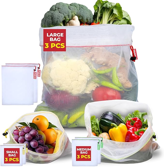 9 Pack Eco Friendly Reusable Mesh Produce Bags Washable Durable Drawstring with Colorful Tare Weight Tags Grocery Storage Vegetable Bags 3 Sizes