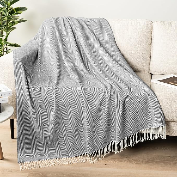 PAVILIA Light Gray Herringbone Throw for Couch, Decorative Outdoor Accent Blanket, Faux Cashmere, 50x60