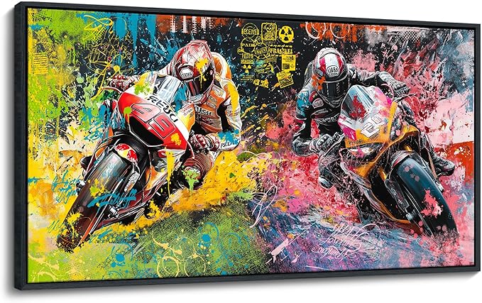 JEAWA Framed Canvas Wall Art - 24x48 In Large Abstract Painting Decor, Motorcycle Racing Color Graffiti Pictures, Modern Art Prints for Bedroom Living Room Bathroom Home Decoration