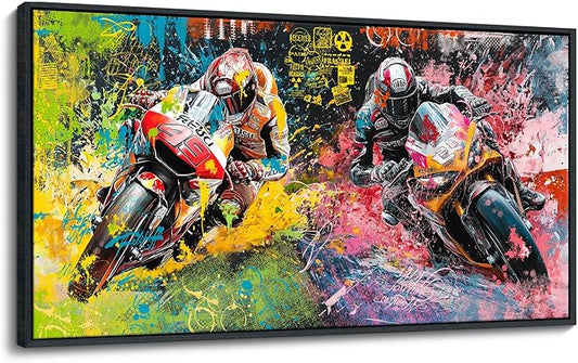 JEAWA Framed Canvas Wall Art - 24x48 In Large Abstract Painting Decor, Motorcycle Racing Color Graffiti Pictures, Modern Art Prints for Bedroom Living Room Bathroom Home Decoration