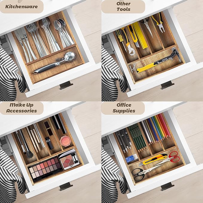 Acacia Wood Silverware Organizer, Kitchen Utensil Drawer Organizer for Forks, Knives & Spoons, 5-Compartment Cutlery Tray, Flatware Holder