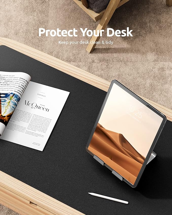 YSAGi Leather Office Desk Pad Protector, Large Mouse Pad, Non-Slip, PU Leather, Laptop Desk Blotter, Waterproof Writing Pad for Office and Home, Black, 23.6" x 13.8"