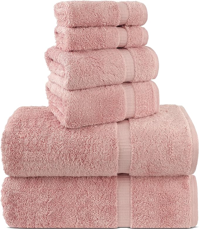Chakir Turkish Linens 100% Cotton Premium Turkish Towels for Bathroom, 2 Large Bath Towels, 2 Hand Towels, 2 Washcloths (6-Piece Towel Set, Pink)