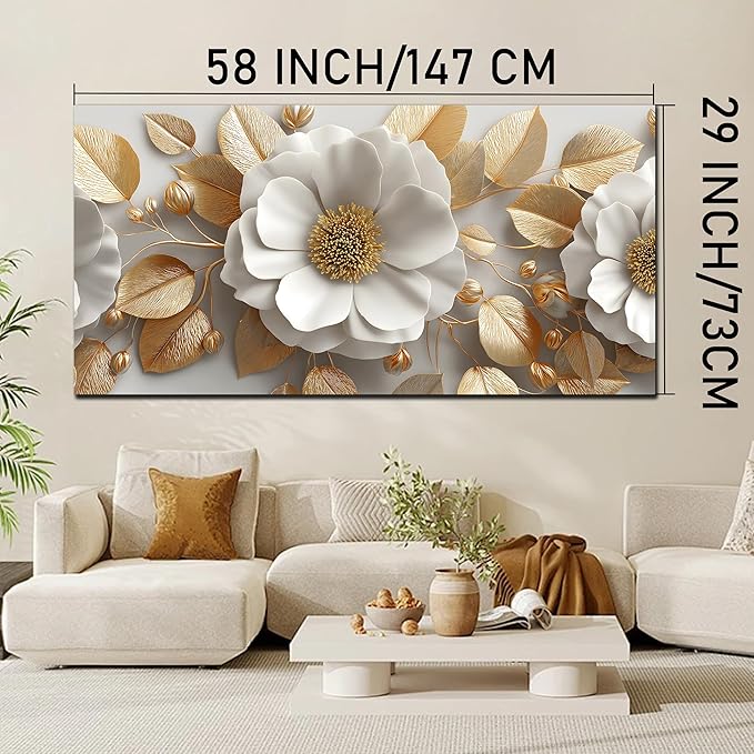 Tarfupth Floral Canvas Wall Art for Living Room Gold and White Flowers Large Botanical Artwork for Bedroom Office Home Decor Canvas Prints 29"x58"