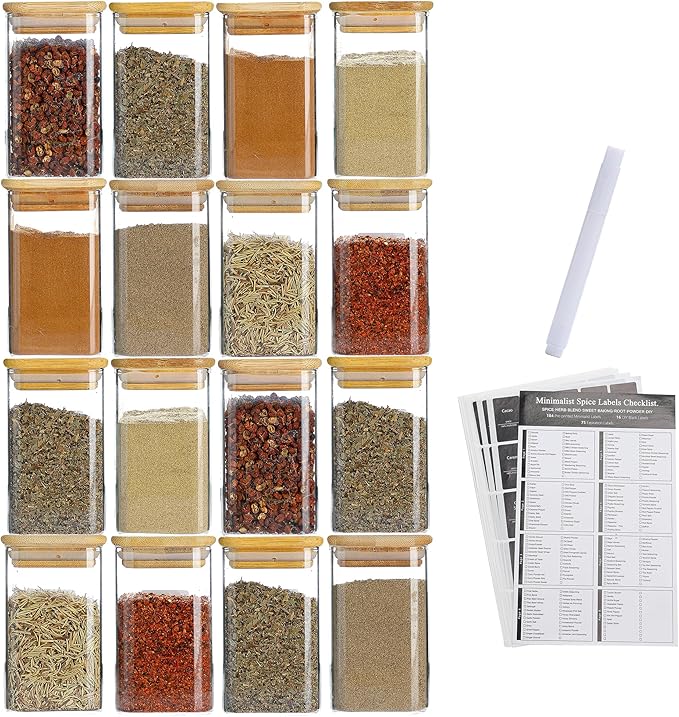 16Pcs 9oz Spice Jars Glass Container with 275 Labels, Airtight Seasoning Empty Organizer with Bamboo Lid Set for Pepper, Salt, Sugar