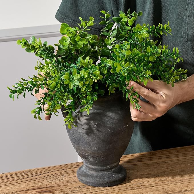 Ceramic Rustic Flower Vase with Handles, 8.36 Inch Tall Vintage Pottery Home Decor, Farmhouse Terracotta Vase for Living Room, Table, Shelf, Mantel Decoration, Farmhouse- Black