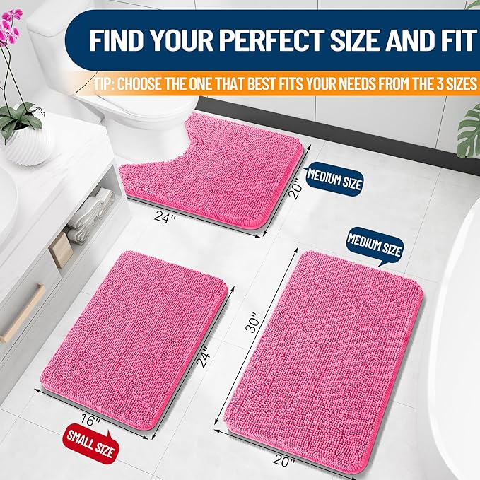 OLANLY Bathroom Rugs 24x16, Extra Soft Absorbent Chenille Bath Rugs, Rubber Backing Quick Dry, Machine Washable Bath Mats for Bathroom Floor, Tub and Shower, Home Decor Accessories, Hot Pink