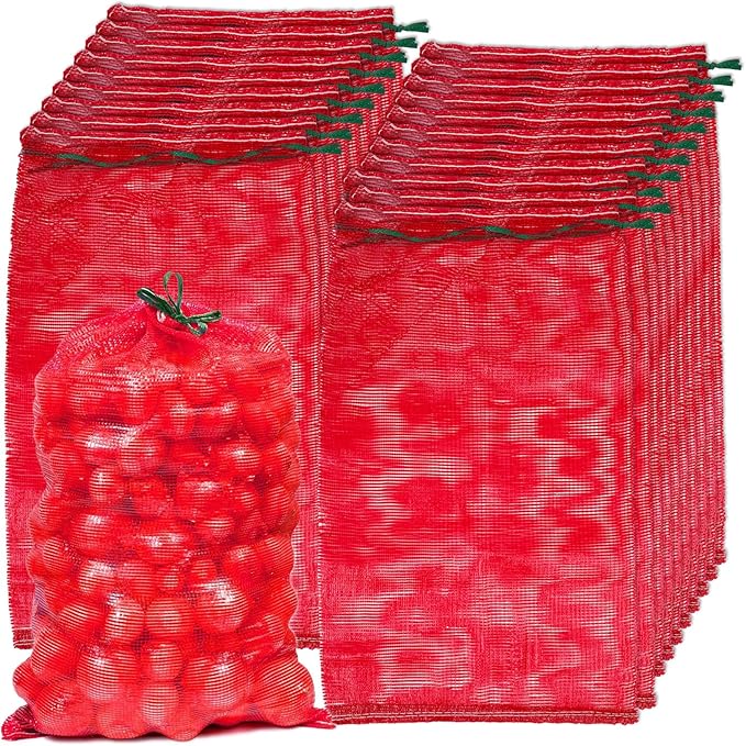 SHENLIU 50Pcs Extra Large Mesh Produce Bags, 21” x 32” Mesh Onion Bags 60lbs Reusable Drawstring Fresh Produce Storage Bag Washable Net Bag for Onions, Vegetables, Potatoes, Citrus, Crawfish, Firewood