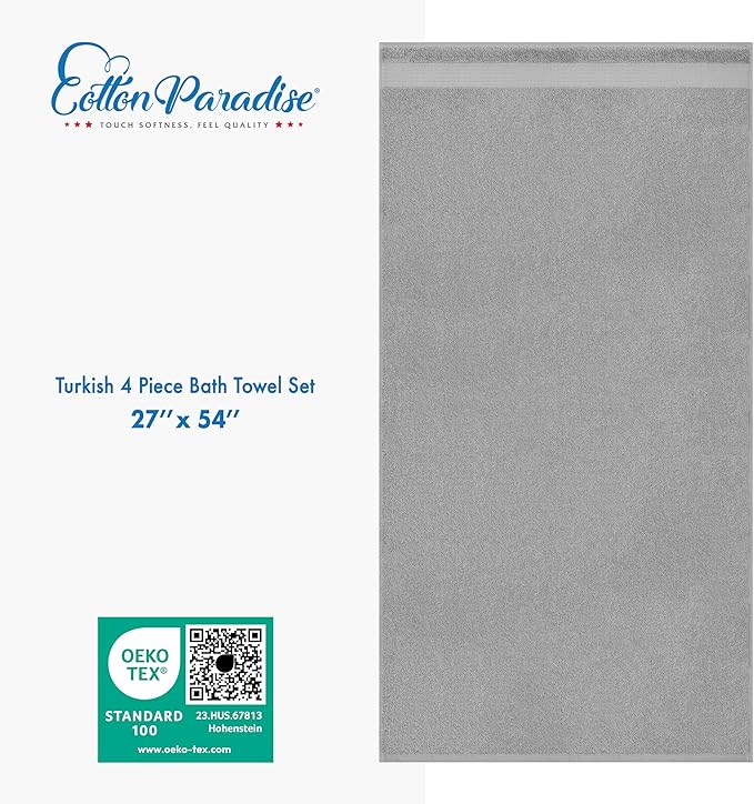 Cotton Paradise 4 Piece Turkish Bath Towels for Bathroom, Extra Large Soft Plush Towels Bathroom Set, Light Grey