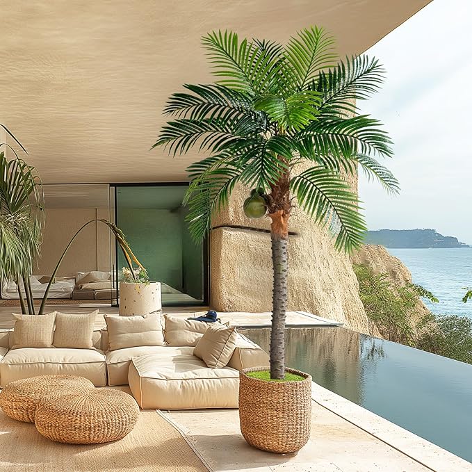 7.2FT Artificial Phoenix Palm Tree with Coconut Fruit Outdoor Indoor Decor Large Faux Coconut Silk Palm Tree Tropical Fake Tree Large Faux Sago Palm Plant for Home Yard Outside Patio Poolside