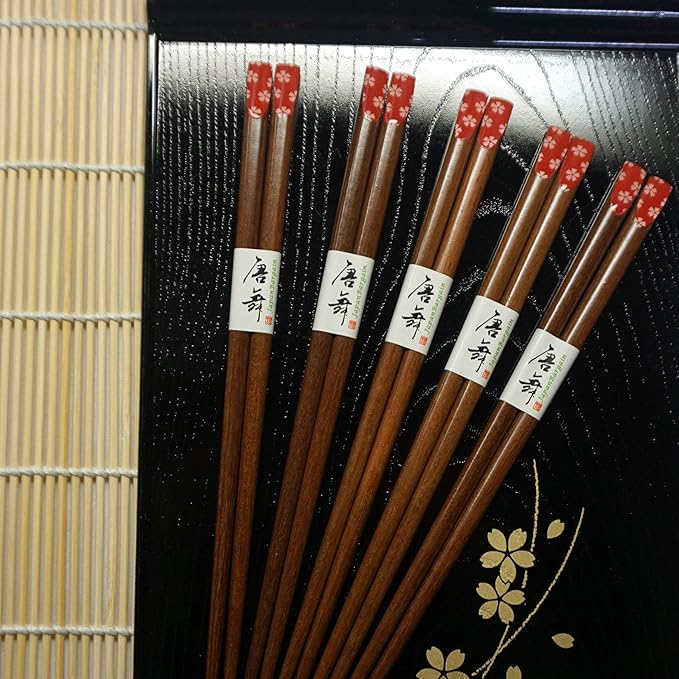 JapanBargain 4514x10, Bamboo Chopsticks Reusable Japanese Chinese Korean Wood Chop Sticks Hair Sticks 5 Pair Gift Boxed Set Dishwasher Safe, 9 inch, Red-Sakura, Set of 10.