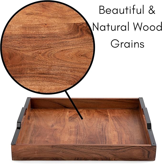 BIRDROCK HOME Wooden Serving Tray with Handles - Farmhouse Decor - Square Top Breakfast Trays - Tea Cheese Board - Coffee Table - Natural Acacia Wood - Kitchen - Bar