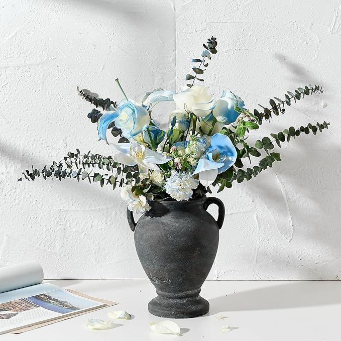 Ceramic Rustic Flower Vase with Handles, 8.36 Inch Tall Vintage Pottery Home Decor, Farmhouse Terracotta Vase for Living Room, Table, Shelf, Mantel Decoration, Farmhouse- Black