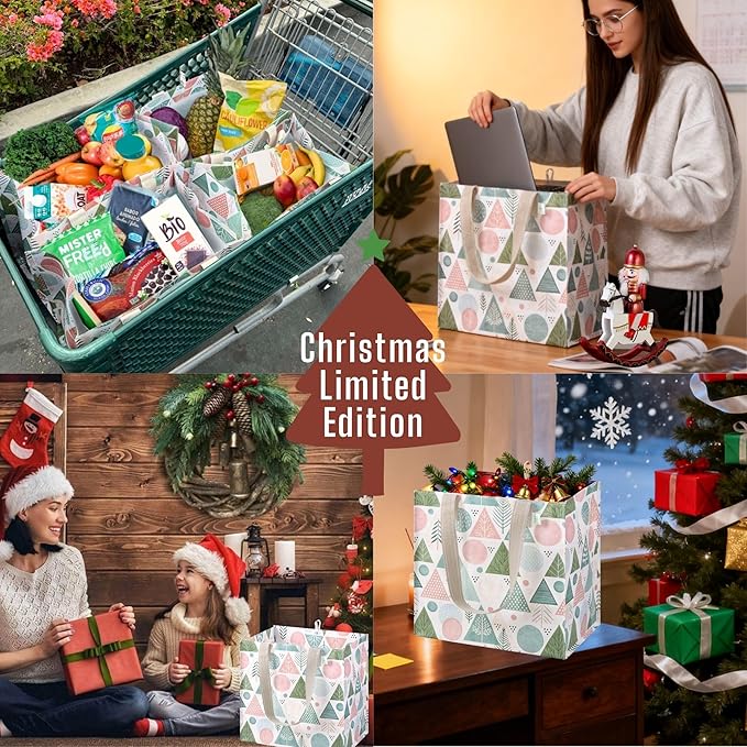 VENO 4 Pack Christmas Reusable Grocery Bags, Heavy-Duty Shopping Bags with Handles, for Shopping Cart with Hard Bottom to Stand Upright, Foldable (Pastel Forest, 4 Pack)