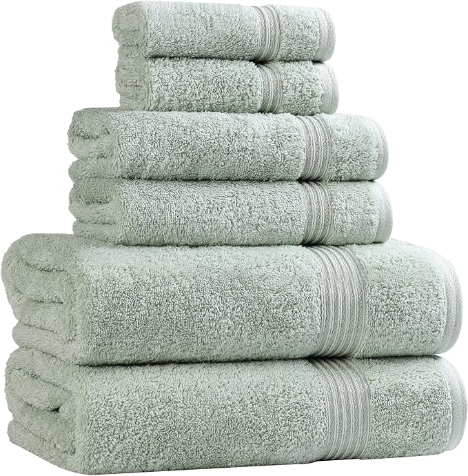 Superior Egyptian Cotton 6-Piece Towel Set, Bathroom Essentials, Towels For Bathroom, Apartment, Airbnb, Guest Bath, Face, Hand, Bath Towels, Washcloths, Absorbent, Fast Drying, Sage