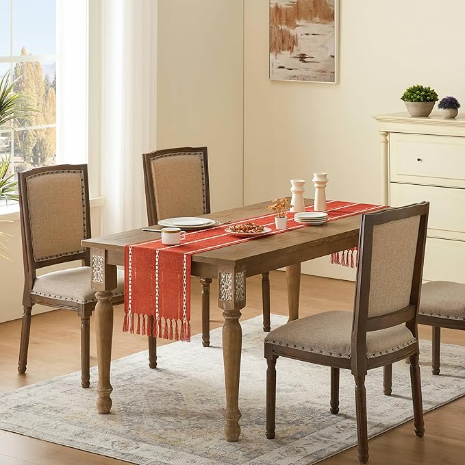 Hemstitched Farmhouse Fall Table Runner, Orange 13x48 Inch, Cotton Linen Table Runners 48 Inches Long, Embroidered Striped Burnt Orange Boho Table Runner Fall Decoration for Home